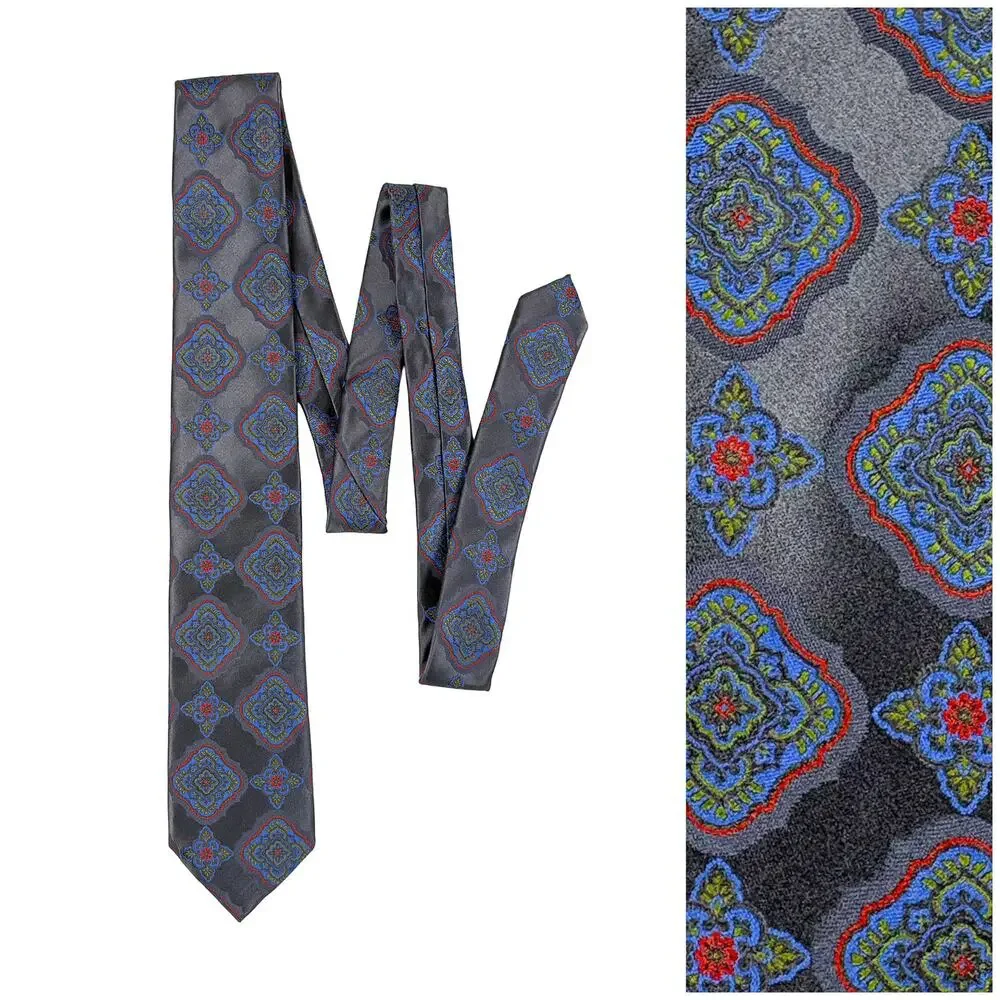Santorelli Silk Tie Long Gray Blue Orange Green Medallion Made Italy 61